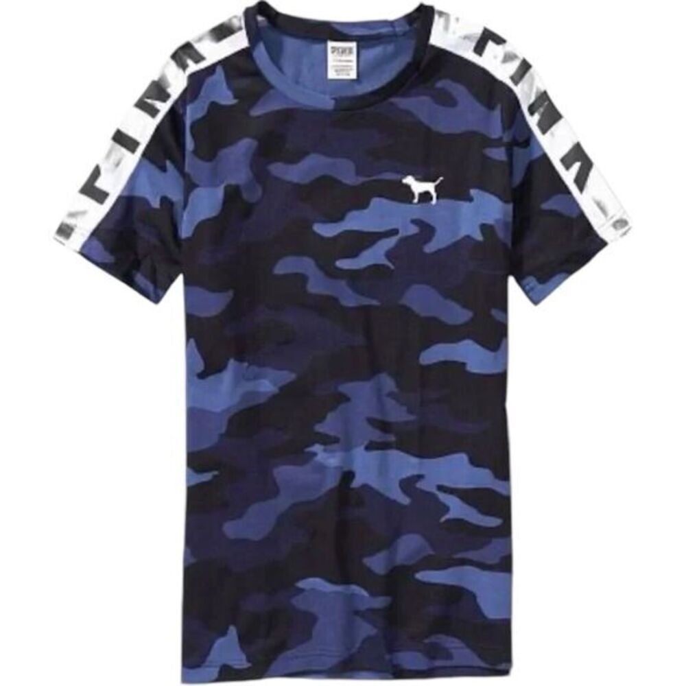 Victoria’s Secret PINK Blue Camo Campus Tee with Foil Tape Logo Stripe Sleeves